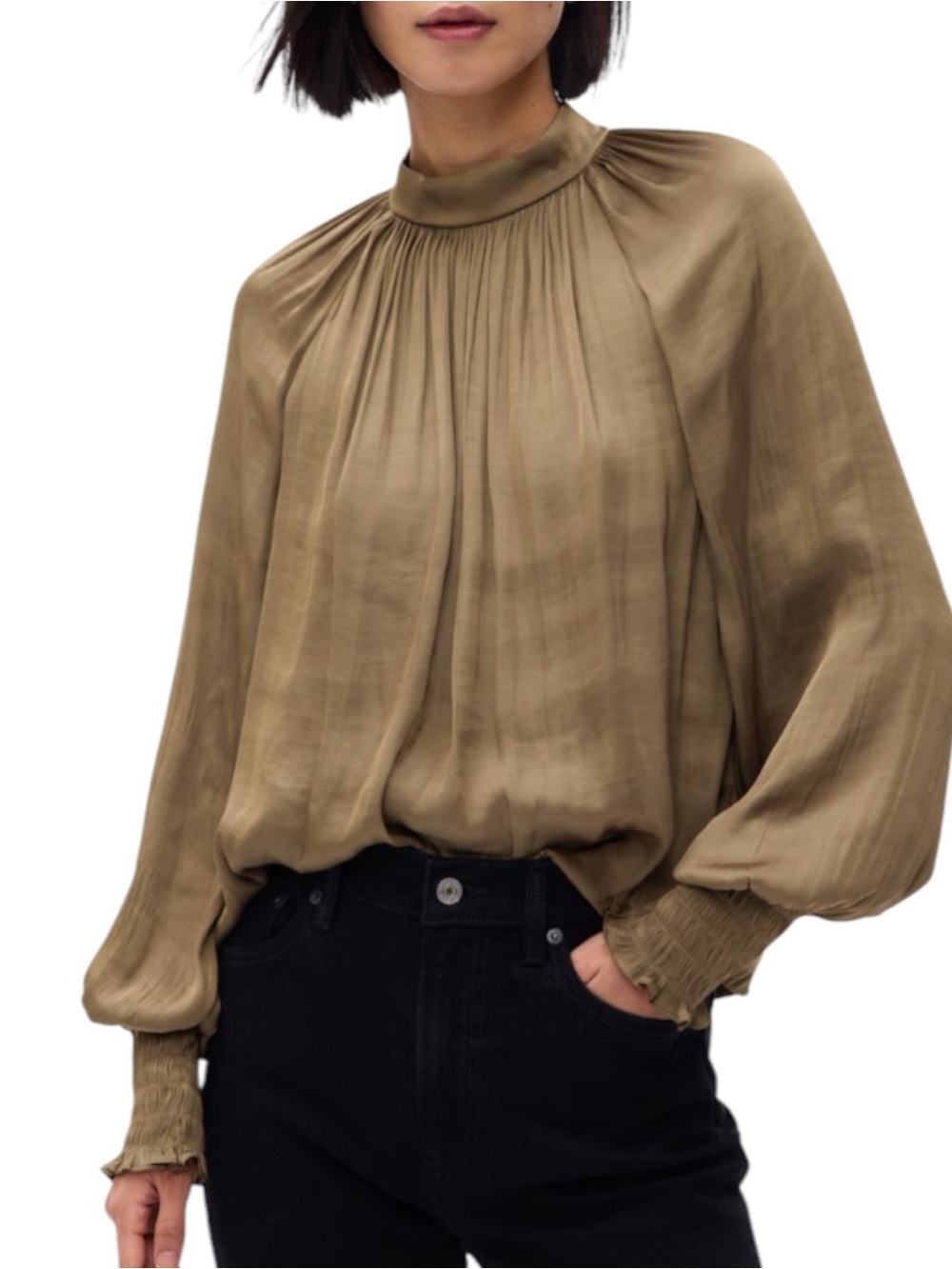 GAP Olive Satin High-Neck Pleated Button Closure Longsleeve Blouse